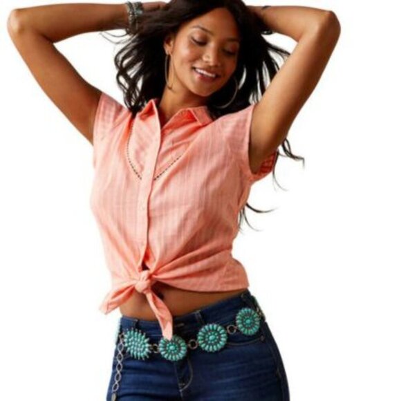 NEW Ariat Ladies Button Front Waist Tie Cowgirl Western Top - Picture 1 of 10